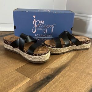 New in Box Jelly Pop Comfort Fit Lanza Sandal size 6.5, black and leopard.